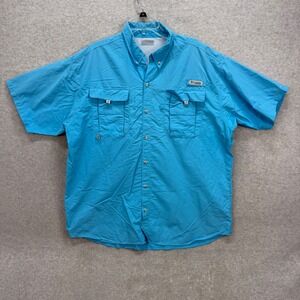 Columbia PFG Fishing Shirt Men XXL Blue Bahama II Short Sleeve Omni-Shade Angler